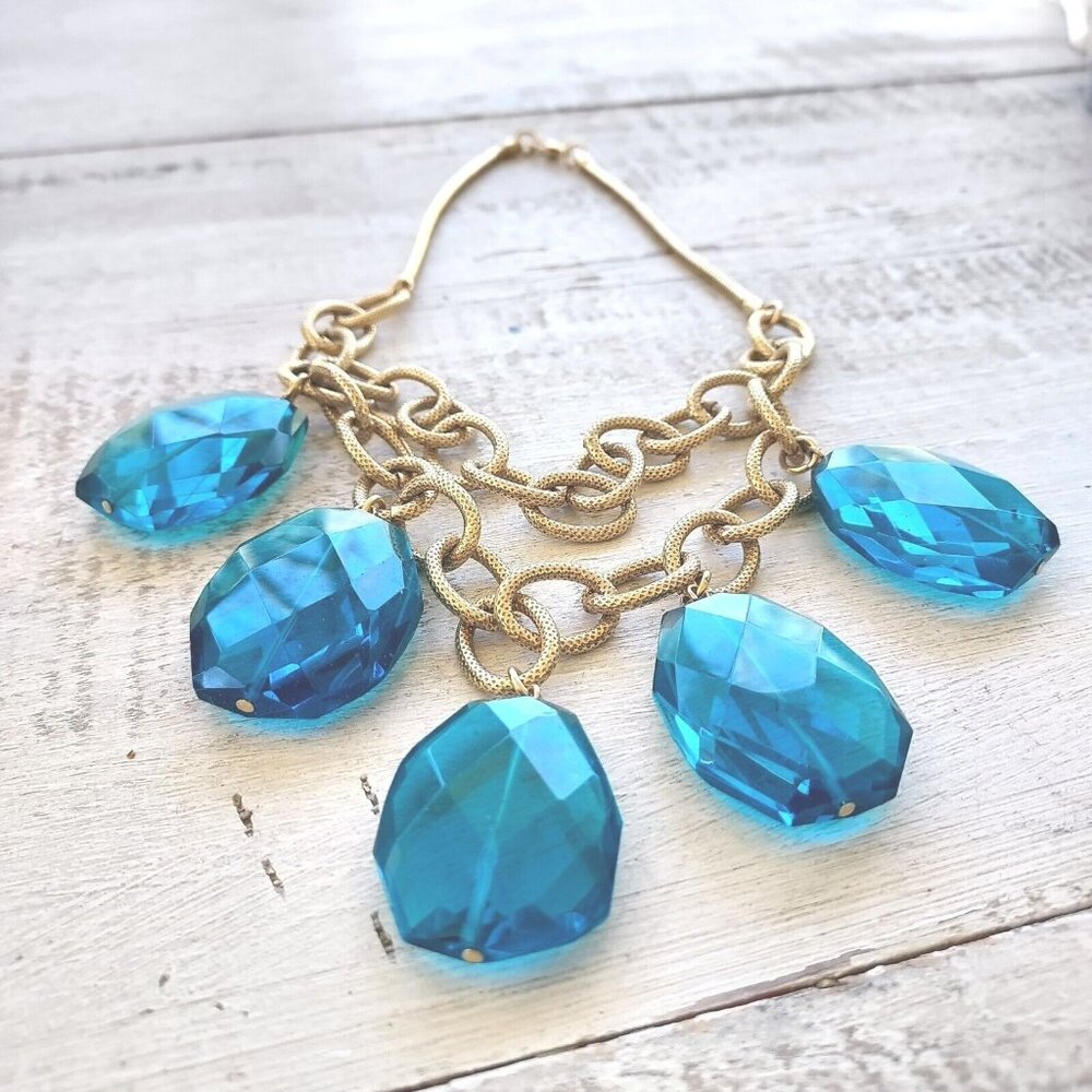 Beautiful Large Blue Glass Beads Gold Toned Snake Style Link Chains 1 3/8" Beads